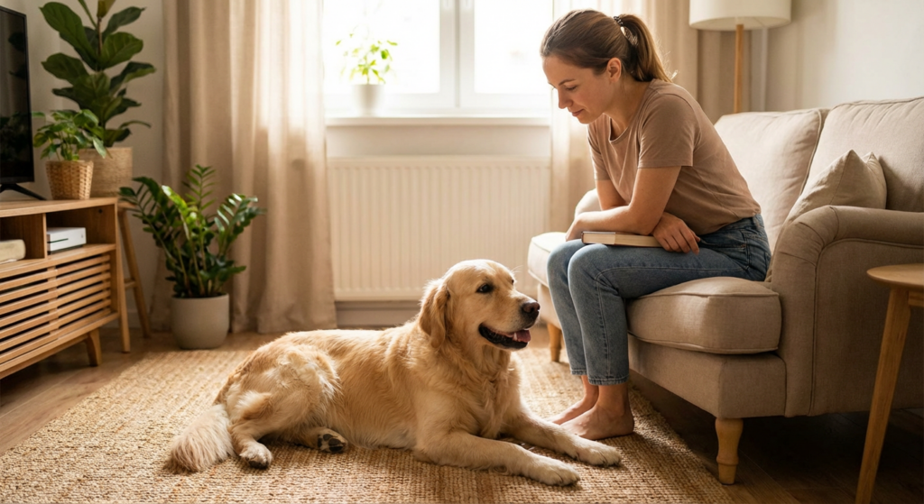 Schleim im Kot beim Hund – Halter beobachtet aufmerksam ohne Sorge