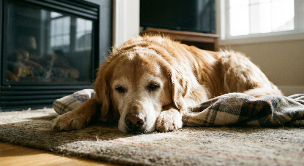 Ruhig liegender Hund mit leichtem Unwohlsein