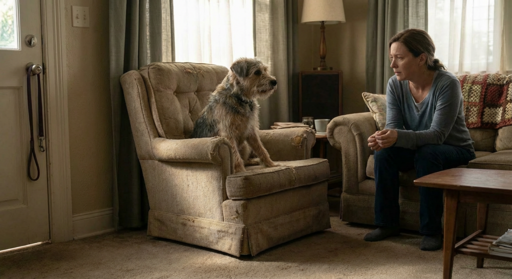 Hund mit starken Blähungen liegt ruhig, während der Halter aufmerksam Bauch und Verhalten beobachtet